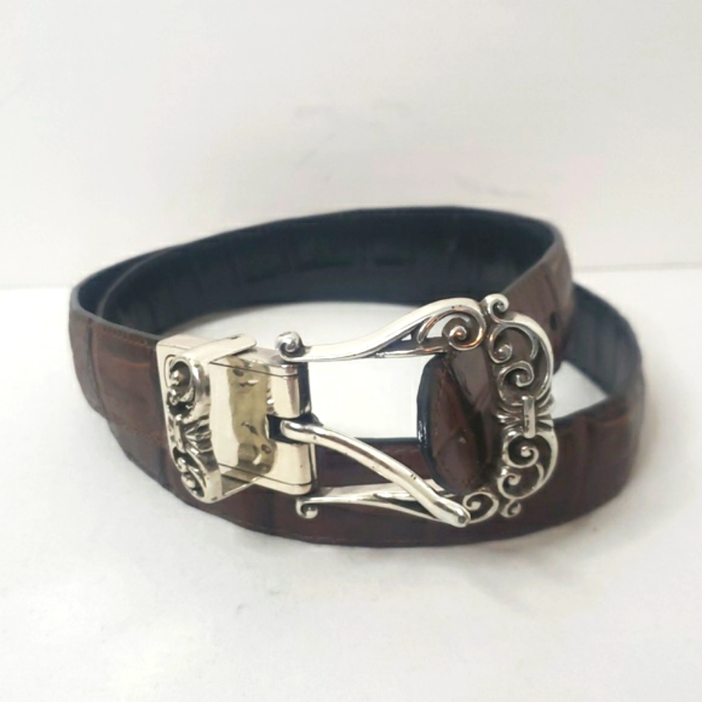 Vintage Brighton Western Leather Brown Belt with Silver Scroll Buckle